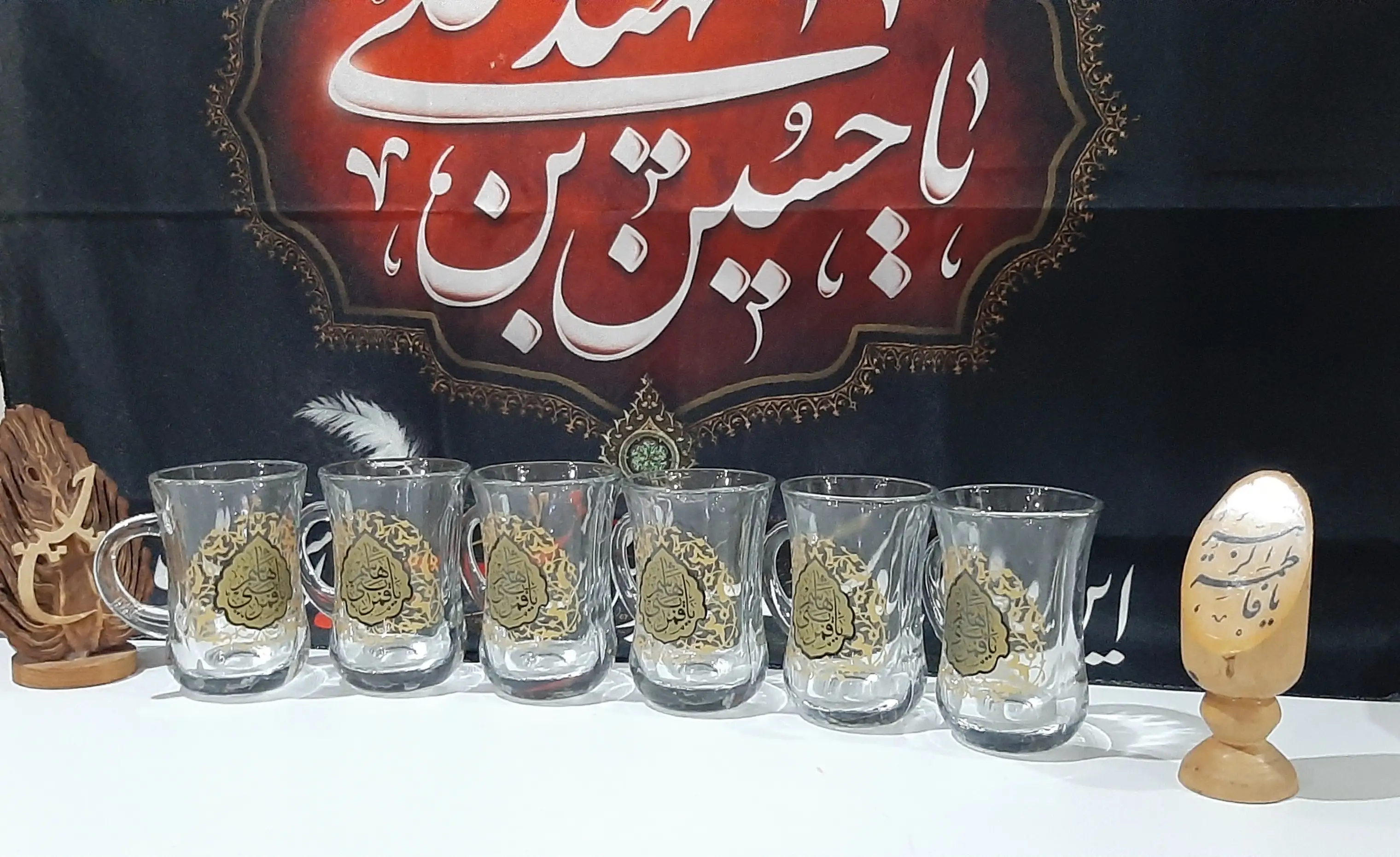 یک ست استکان بلور دسته دار مزین به ذکر یا قمر بنی هاشم یعنی ۶ عدد